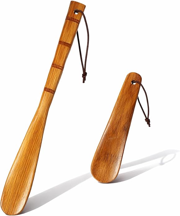 2 Pcs Wooden Shoe Horn Premium Shoe Horn Long Handle for Seniors Long Lazy Shoes Helper Spoons for Seniors Pregnancy Men Women Home or Travel (12.5 inch/6 inch)