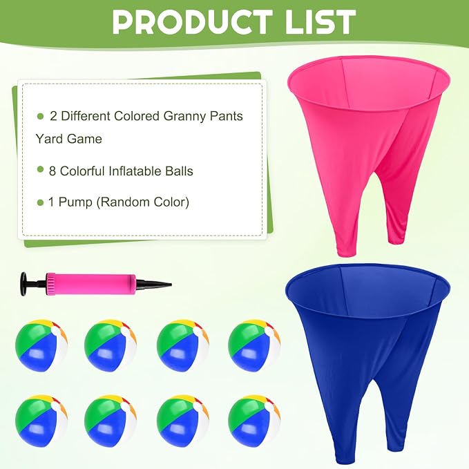 Granny Pants Outdoor Game,Granny Pants with 8 Bouncy Balls & 1 Air Pump (Random Colors) and 2 Pack Color Granny Pants Game for Adults Family Reunion & Team Building, Big Pants Ball Game