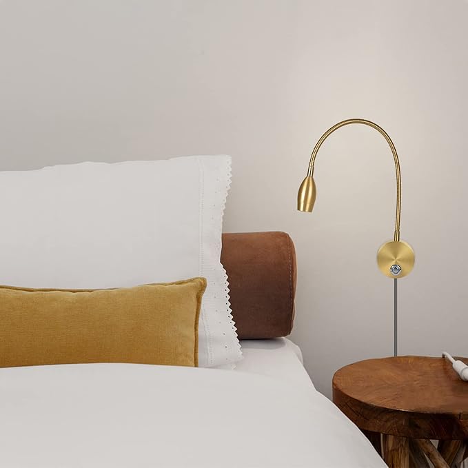 Adust Bedside Reading Light, Bedroom Reading Lamp, 3W LED Touch Dimmable Brightness Minimalist Wall Headboard Reading Lamp, Adjustable Colour Temperature, 3000k, 4000k, 6000k (Gold (2-Pack))