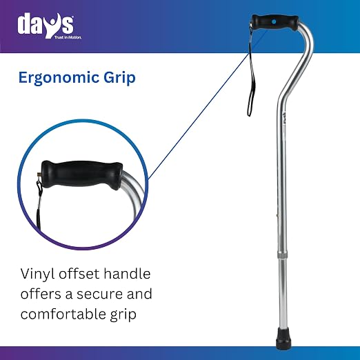 Days Standard Bariatric Offset Cane with Tall Height Adjustment, Bariatric Cane with Rubber Tip, Heavy Duty Walking Cane for Weight Bearing, Mobility Aid for Elderly, Silver with Black Handle