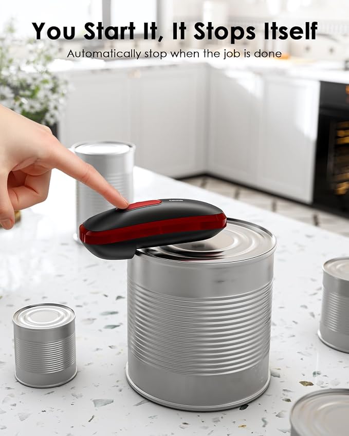 Canslab CORE Electric Can Opener_Single Touch Automatic Opener for Seniors with Arthritis, Auto Shut-off, Cordless Battery Powered, Side Cut, Smooth Edge, Handsfree for Small or Large Cans, Black+Red