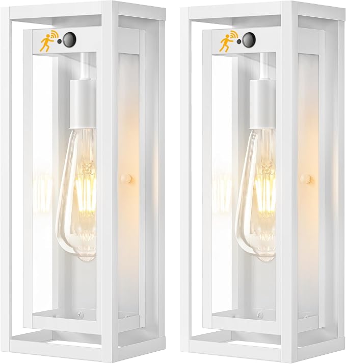 15" Motion Sensor Outdoor Wall Lights, Outdoor Sconces, 2 Pack | Dusk to Dawn, Large Size, Anti-Rust, Waterproof, Easy Installation, White Modern Exterior Lighting Fixtures for House Porch