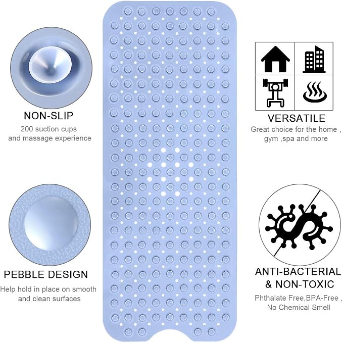 YINENN Bath and Shower Safety Mats 40x16 inch, Non Slip with Suction Cups for Bathroom Stall and Tub Floor, Extra Large and Machine Washable, Drain Holes Keep Bathtub Clean, Light Blue