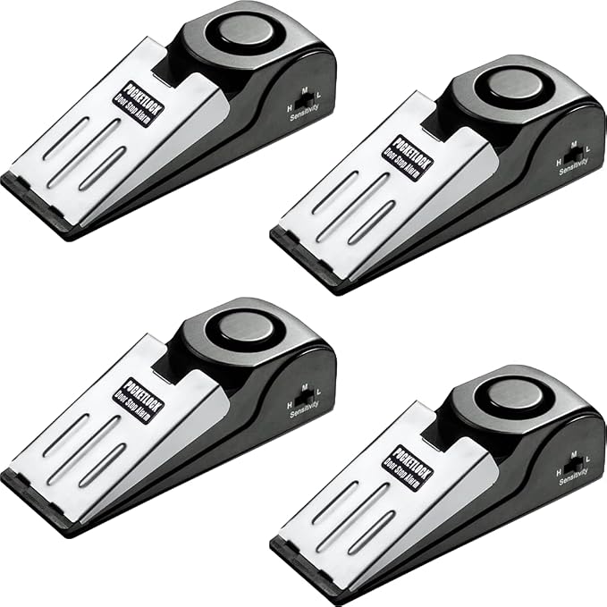 Door Stop Alarm with 120 dB Siren – Portable Travel Door Stopper Alarm Wedge for Hotel, Apartment & Dorm Security – Battery-Operated, Black, 4-Pack