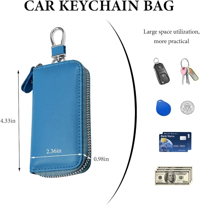 Leather Car Key Holder Bag, Unisex Key Fob Case with 6 Hooks, Zipper Closure Keychian Case Wallet for Smart Keys (Blue)