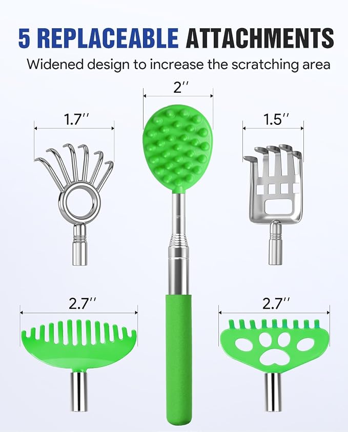 Telescoping Back Scratcher with 5 Detachable Heads, Gifts for Men Dad Green | 10-31'' Reach,Stainless Steel, Non-Slip Grip, Birthday Gifts for Men Women, Christmas Stocking Stuffers, White Elephant Gifts