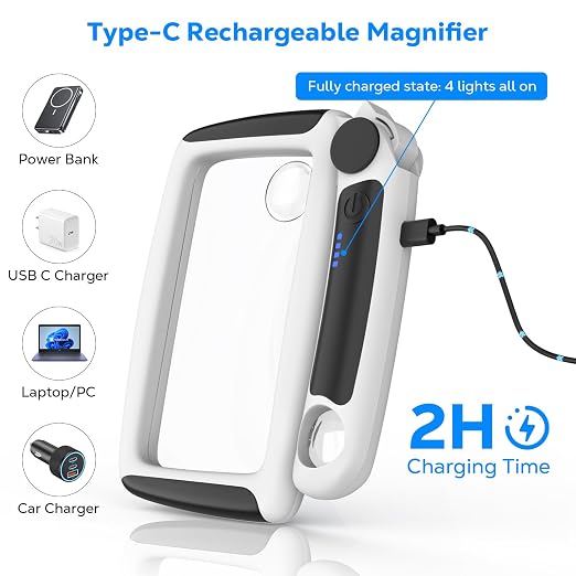 MoKo Magnifying Glass with Light, 5X/20X/45X Full-Page Magnifier | Rechargeable magnifying glass for reading has 20 LEDs, 3 light levels and a foldable handle; black finish.