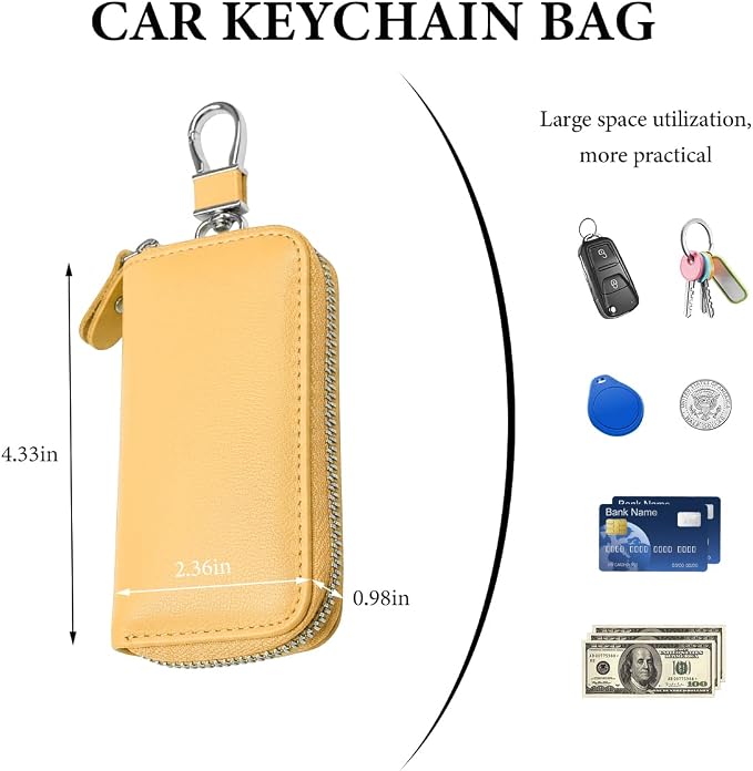 Leather Car Key Holder Bag, Unisex Key Fob Case with 6 Hooks, Zipper Closure Keychian Case Wallet for Smart Keys (Yellow)