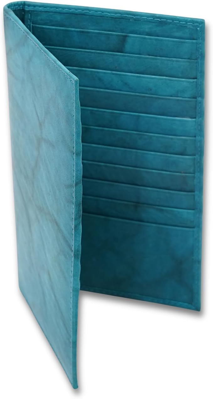20 Card Wallet for Men, Long RFID Leather Credit Card Holder, Peacock Blue | 2 Bill Compartments | ID Window | Open Bifold | Organized Carry | Jacket Friendly