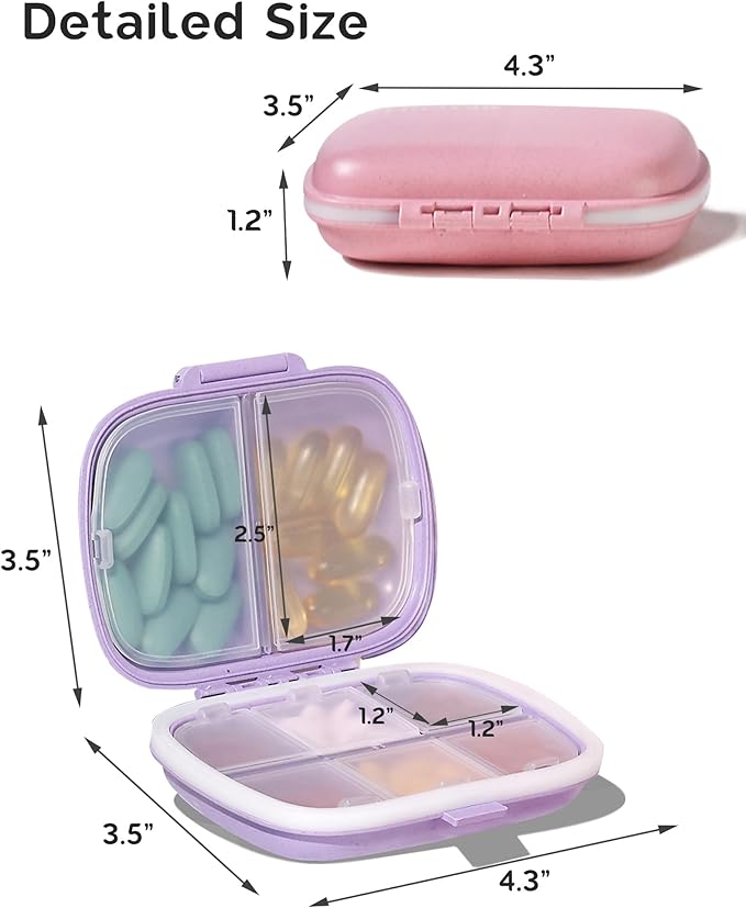MEACOLIA 3 Pack Travel Pill Organizer - 8 Compartments Portable Pill Case for Purse, Moisture-Proof Daily Medicine Vitamin Container, Pill Box Holder for Travel Essentials (Purple, Green, Pink)