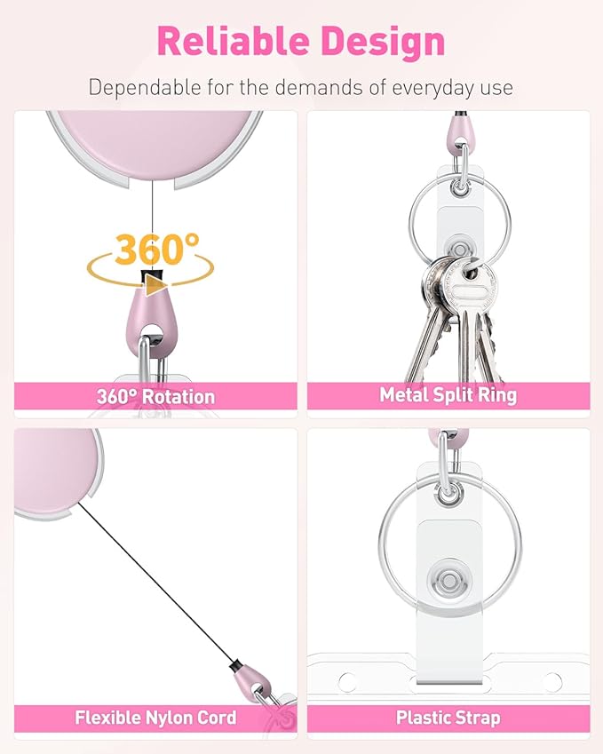 Uniclife 2 Pcs Retractable Badge Reel Keychain Clip for Badge Holder Pink | Heavy Duty, Stainless Steel Spring Coil, 24 Inch Nylon Rope, Carabiner Clip, Key Ring, Badge Holder Clip for Keys and ID Card