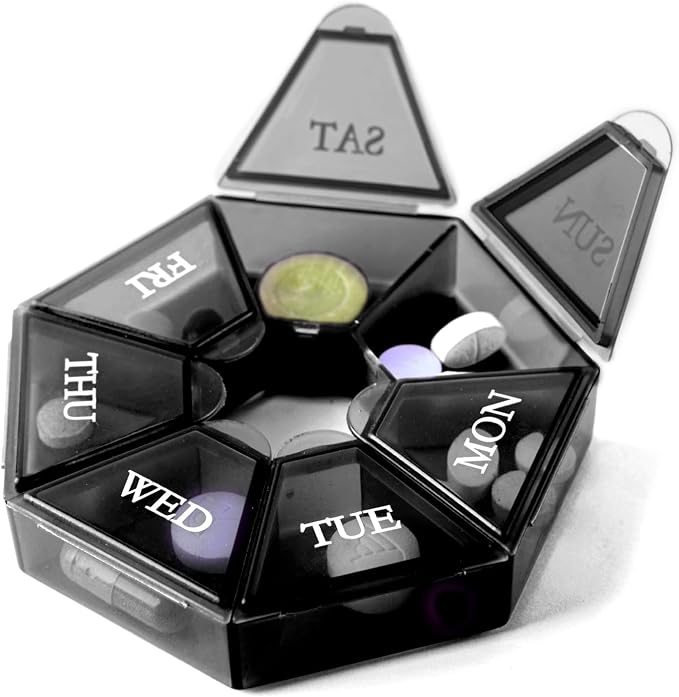 Deke Home - Small Weekly Pill Organizer, Round Pill Dispenser for Travel, Mini Pill Organizer, Compact Medicine Holder, Pill Sorters 7 Days, Portable Vitamin Container, BPA Free (Food Grade)