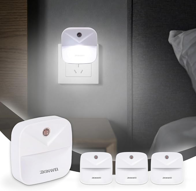 Night Lights Plug into Wall, Automatic LED Night Light with Dusk to Dawn Sensor, Modern V-Groove Design Square Night Lite for Hallway, 0.4W Plug-in Night Lights, 4-Pack (White Light)