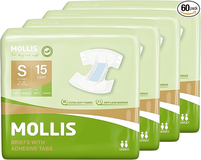 MOLLIS Adult Diapers for Women and Men, Unisex Disposable Incontinence Briefs with Tabs, Odor Control, Small, 60 Count (4 Packs of 15)