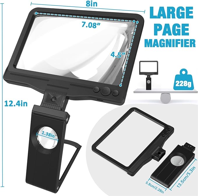 30X 6X Rechargeable Magnifying Glass for Reading, Large Full Page Magnifier with Folding Stand, 3 Color Light Modes, Dimmable LED Lighted, Hands Free Book Magnifier for Fine Prints Low Vision Seniors