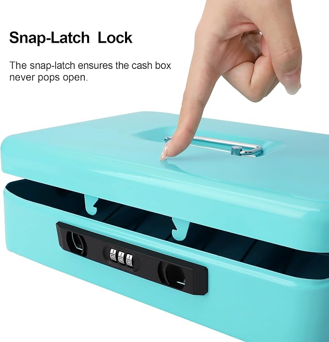 Jssmst Cash Box with Sliding Coin Lid and Snap Latch Combination Lock - Portable Cash Box with Money Tray and Lock, Secure Locking Money Box for Cash Organizer, 11.8L x 9.5W x 3.5H Inches, Light Blue