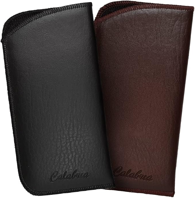 Calabria Slim Faux Leather Eyeglass Case Soft Slip-In Design [Black & Brown without Clip - 2 Pack] | Compact Protective Pouch | Soft Case for Glasses | Lightweight Sunglass Storage