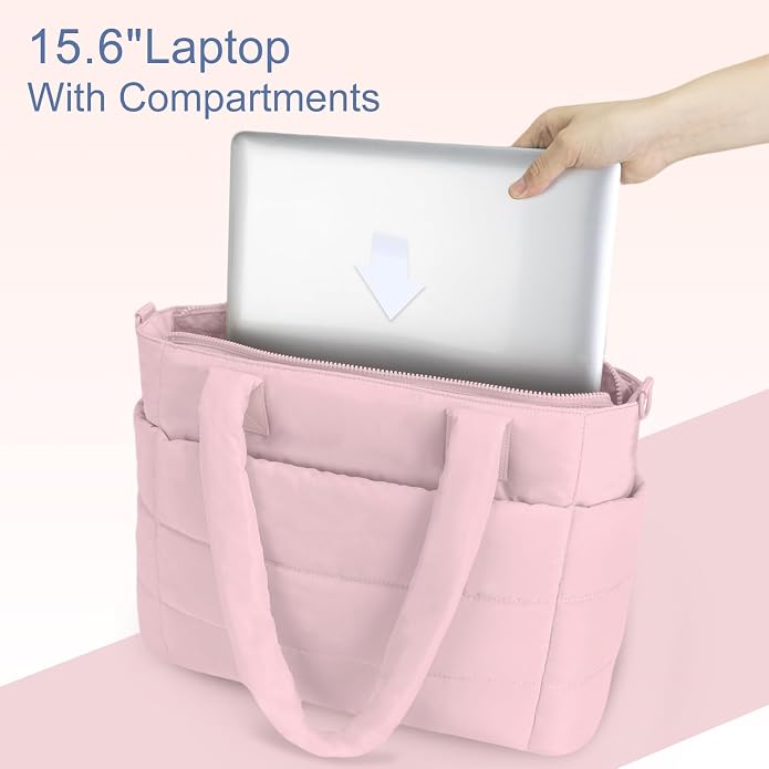 Puffer Tote Bag for Women Quilted Nurse Bag Lightweight Work Bag for Teacher Travel Handbag with Multiple Pockets