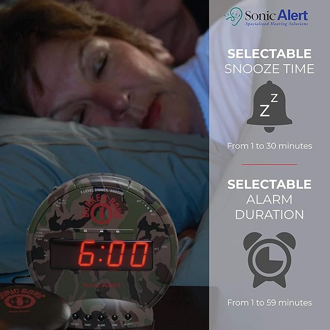 Sonic Bomb Dual Alarm Clock with Bed Shaker, Camouflage | Sonic Alert Vibrating Alarm Clock Heavy Sleepers, Battery Backup | Wake with a Shake