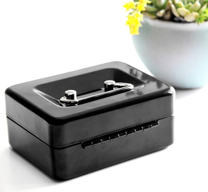 Small Cash Box with Lock and Slot - Jssmst Metal Coin Bank Small Lock Box, Black(SMCB0301N)