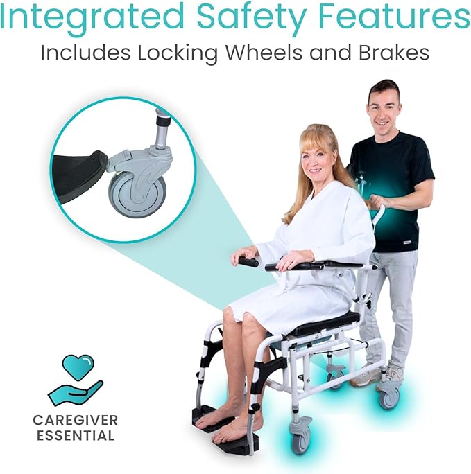 Vive Reclining Shower Chair with Wheels - Commode Wheelchair for Seniors, Disabled, Bariatric & Handicap - Padded Transfer Rolling Chairs with Arms - Portable & Waterproof - Extra Wide Seat