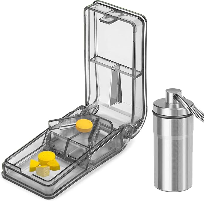 JohnBee Pill Cutter for Small or Large Pills (Dark Grey) | Designed in The USA, Cuts Vitamins, Features Storage, Brush & Waterproof Keychain Pill Holder