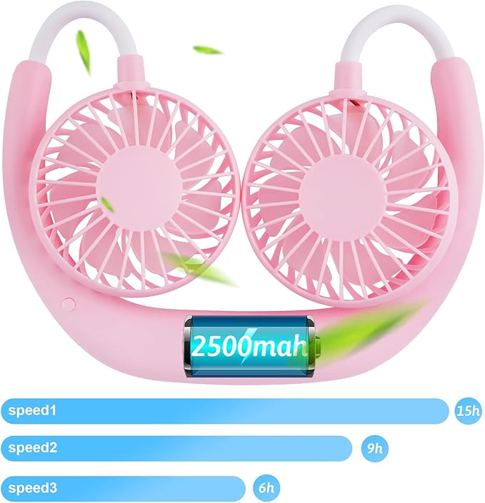 Haomaomao Portable Neck Fan 2500 mAh Rechargeable USB Hands-Free Mini Face Cooling Personal Double Headed Rotatable Small Fan for Working Office Reading Traveling Outdoor Sport