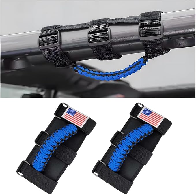 2PCS Car Roll Bar Grab Handles, Oxford Cloth American Flag ATV Paracord Grip Handle with Metal Buckle, Heavy Duty UTV Roll Cage Grab, Compatible with Wrangler JL, JT, JK (Blue)