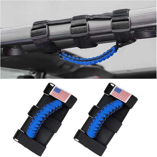 2PCS Car Roll Bar Grab Handles, Oxford Cloth American Flag ATV Paracord Grip Handle with Metal Buckle, Heavy Duty UTV Roll Cage Grab, Compatible with Wrangler JL, JT, JK (Blue)