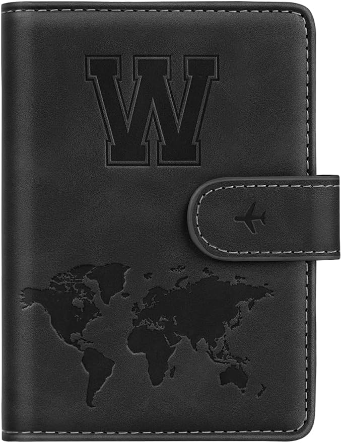 Passport Holder for Travel Essentials Personalized Initial Wallets | Embossed Letter A-Z Design, RFID Blocking, Passport Cover, Passport Book Holders, Men Women, Personalized Gifts, Black-W