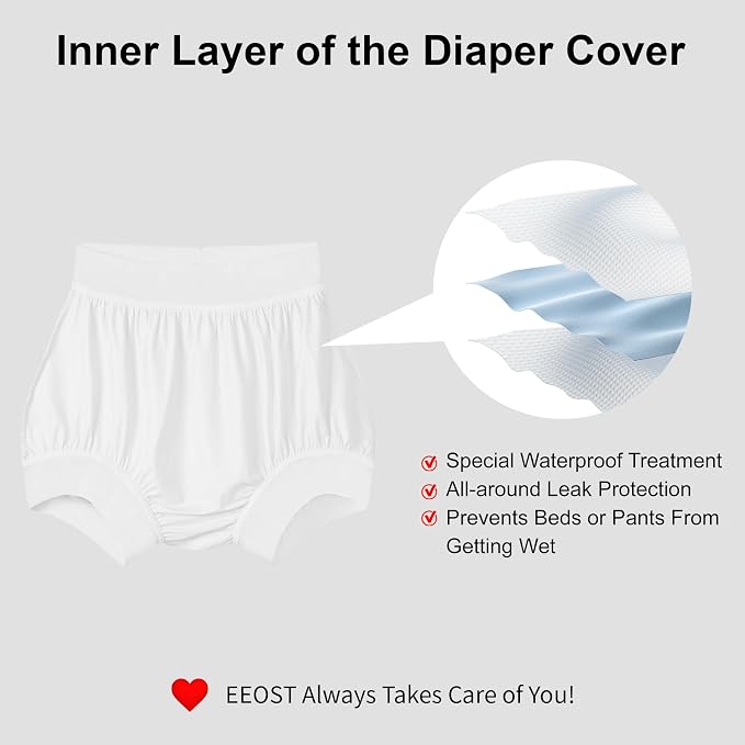 Adult Cloth Diaper Cover Waterproof Plastic Pants Rubber Underwear for Incontinence Leak Proof Washable (WhiteL)