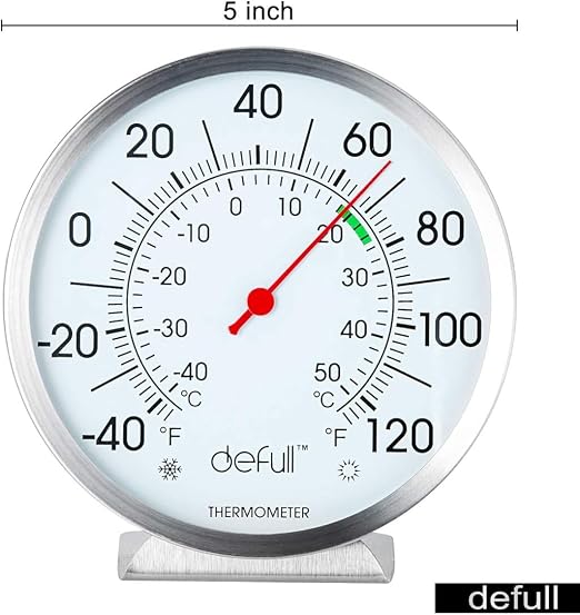 5" Large Dial Indoor Outdoor Thermometer - Battery-Free, Dual Scale -40°F to 120°F / -40°C to 50°C, Stainless Steel with Wall Mount or Table Stand for Home, Patio, Garage