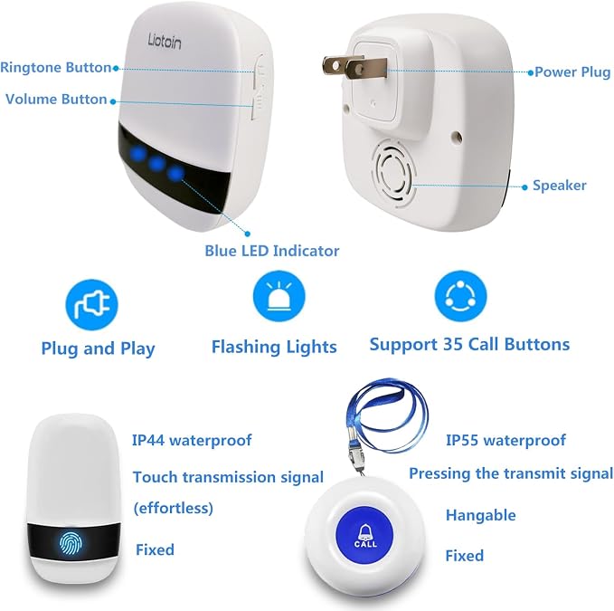 Caregiver Pager Wireless SOS Call Button Nurse Alarm System Home/Elderly/Patient/Disabled/School Call Bell 5 Transmitter 5 Plug-in Receiver (600+ft Operating Range)…
