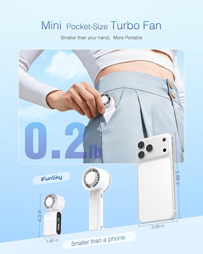 Mini Portable Handheld Turbo Fan – Small but Mighty, Whisper-Quiet, Long-Lasting, 5-Speed High-Velocity Rechargeable battery Fan, Personal Fan for Outdoor, Travel, Gifts for Women & Men(White)