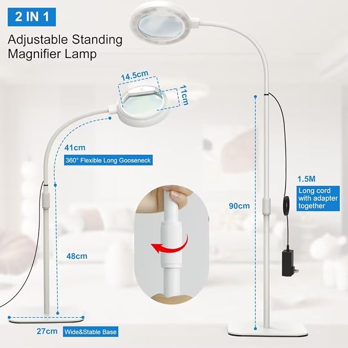 10X Large Floor Magnifying Glass with Light and Stand, Floor Magnifying Lamp 56 LED Flexible Gooseneck,Hands Free Lighted Magnifiers for Close Work, Sewing,Reading,Repair Craft