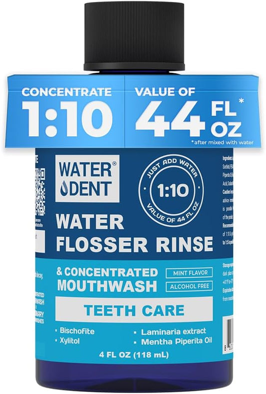 | Water Flosser Rinse, IRRIGANT, Concentrate Mouthwash | When dilluted1:10 = 44 fl.oz, Travel Size, Add to Oral irrigator, Mint Flavor, Alcohol & Fluoride Free. Made in USA | 4 fl.oz