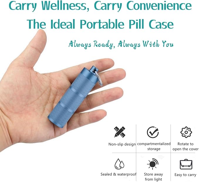 Waterproof Keychain Pill Holder - 3-Compartment, Blue | Anodized aluminum with a keyring. 3 detachable layers. Pocket-sized, rustproof EDC pill container