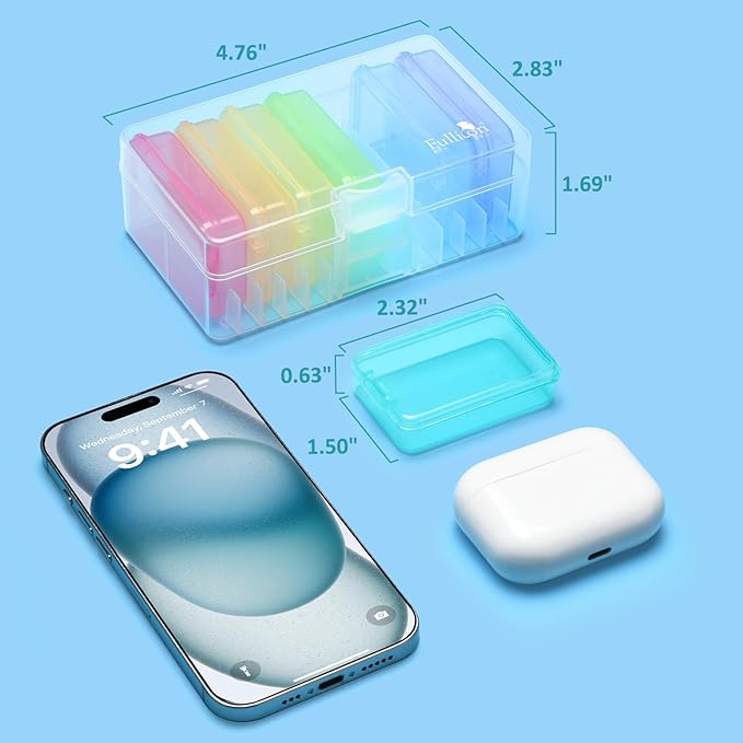 Fullicon Small Pill Case for Purse, Travel Medicine Pill Organizer, Weekly 7 Day Daily Pill Box, Pocket Pharmacy Pill Container Dispenser Holder with Labels (Clear Rainbow)