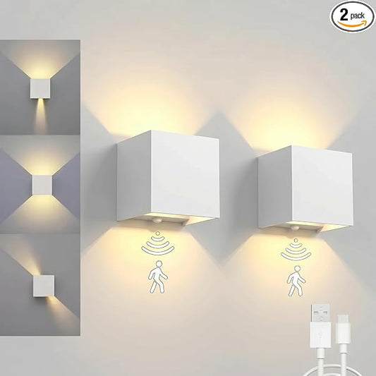 2 Pack Motion Sensor Wall Sconces, 12W 6000mAh Rechargeable Indoor LED Wall Lights, 3‑Color Adjustable Magnetic No Drill Mount Wall Lamp for Bedroom Hallway Stairway Closet, White