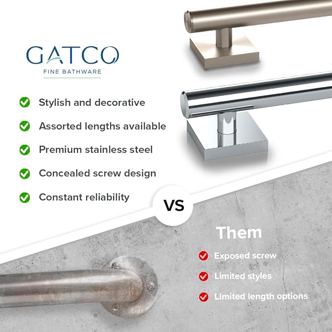 Gatco 942 Elevate 18" L Grab Bar, Chrome/ADA Compliant Stainless Steel Safety Grab Bar for Bathroom