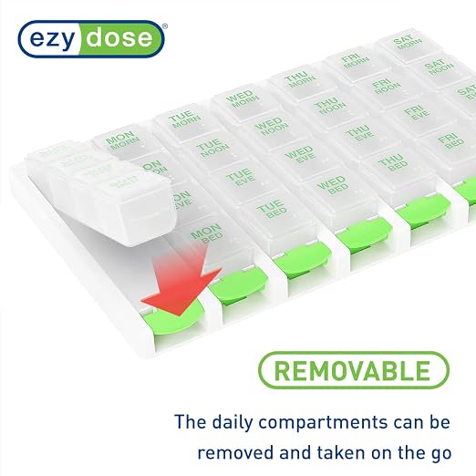 EZY DOSE Weekly (7 Day) 4 Times a Day Push Button Pill Organizer and Vitamin Planner, Removable Daily Pillboxes, Green, Convenient and Easy to Use, Clear Lids, Large, BPA Free