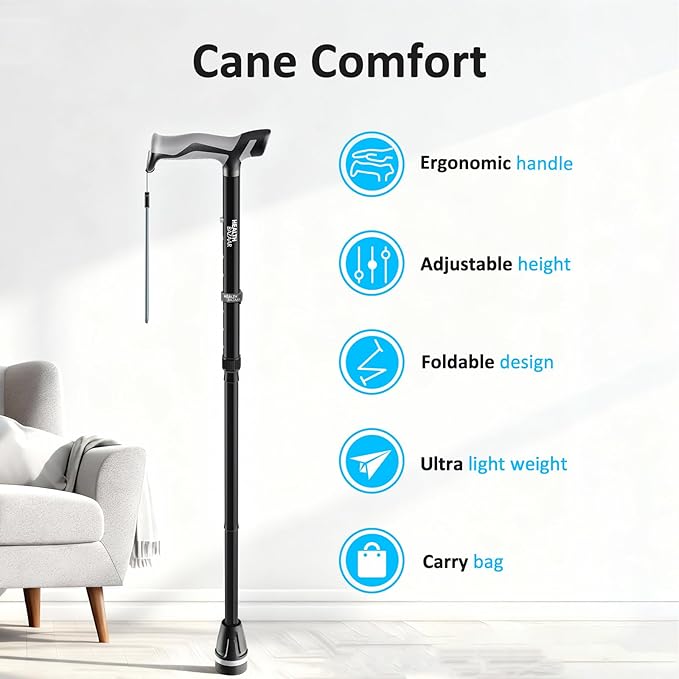 Walking Cane with LED Light, Folding Canes for Men & Women with Shock Absorption - Adjustable, Lightweight Collapsible Walking Sticks with Comfort Grip Handle, Heavy Duty All Terrain Tip