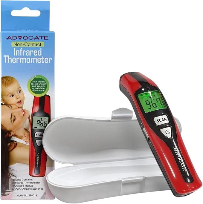 Speaking Non-Contact Infrared Thermometer, English & Spanish, Home Readings | Auto-recalls the last 12 measurements | Clinical-grade accuracy on foreheads | Suits babies, children and adults alike