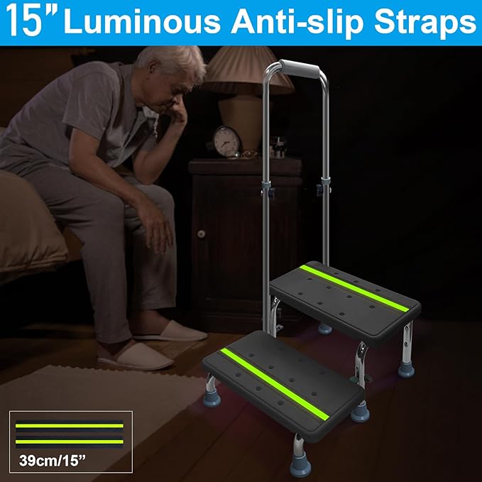 Aliseniors Step Stool with Handle, 400 lbs Adjustable 2 Steps Stool with Handrail for Adults and Seniors, Easy Assmbly Medical Foot Step Stool for Bed, Kitchen, Car, Bathtub