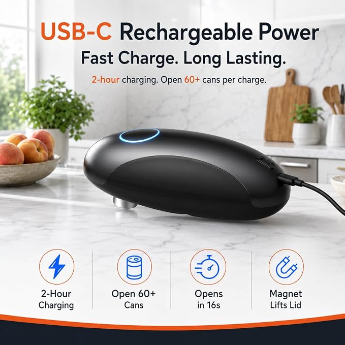 Rechargeable Electric Can Opener for Seniors & Arthritis, Automatic One-Touch Operation, Smooth Edge Cutting with Auto Stop & Magnetic Lid Lifter, Hands-Free, USB-C, Compact, Black