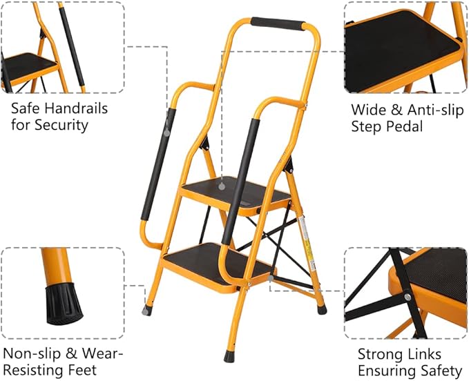 Winado 2 Step Ladder with Handrails, 500LBS Folding Step Stool, w/Non-Slip Side Armrests Large Pedal Area, Multi-use for Home Kitchen Pantry Office