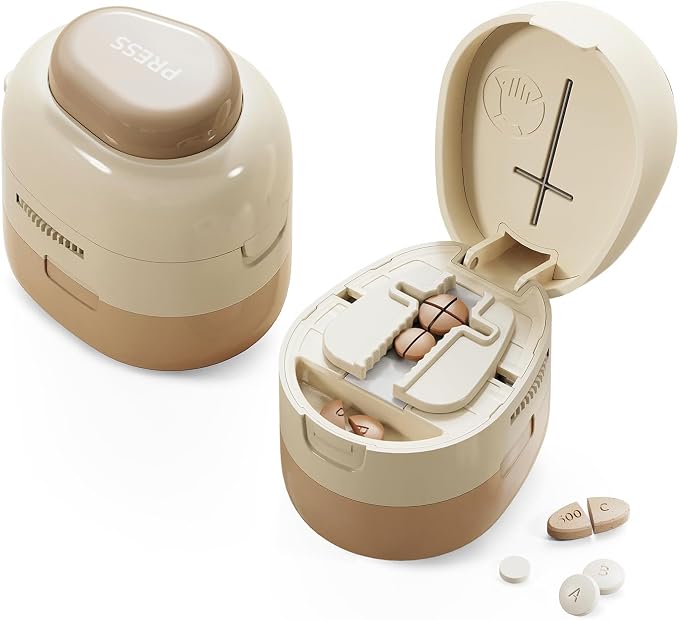 Adjustable Pill Cutter Splitter for Small and Tiny Pills, 1/2 1/4 Pill Splitter for Small Pills Vitamins Tablets, Accurate Alignment & Easy Cutting, Hidden Sharp Blade, Bottom Storage (Brown)