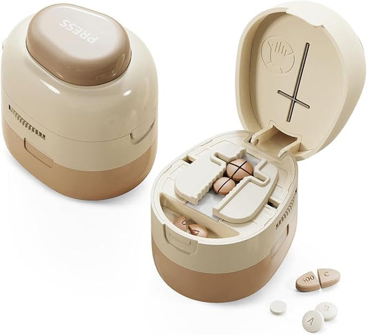 Adjustable Pill Cutter Splitter for Small and Tiny Pills, 1/2 1/4 Pill Splitter for Small Pills Vitamins Tablets, Accurate Alignment & Easy Cutting, Hidden Sharp Blade, Bottom Storage (Brown)