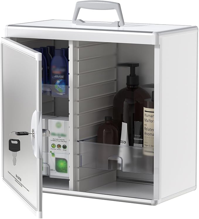 Lockable Medicine Cabinet with Key - Aluminum Wall Mount Medication Lock Box with 3 Removable Trays & Handle, Secure Locking Medicine Storage Organizer for Home, School & Office (Silver)