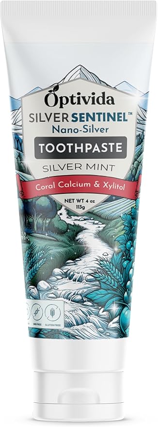 Optivida (Fluoride Free) Colloidal Silver (20ppm) Infused Xylitol Toothpaste for Adults & Kids. Anti-Cavity*, Anti-Plaque* Coral Toothpaste with Spearmint Oil for Gum Health & Teeth whitening - 4oz
